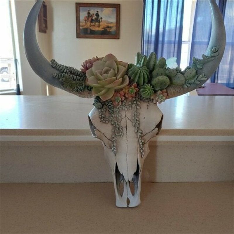 Wall Decor, Cow Skull Wall Sculptures, Resin Longhorn Cow Skull Hanging Decor with Artificial Plants Flowers, Animal