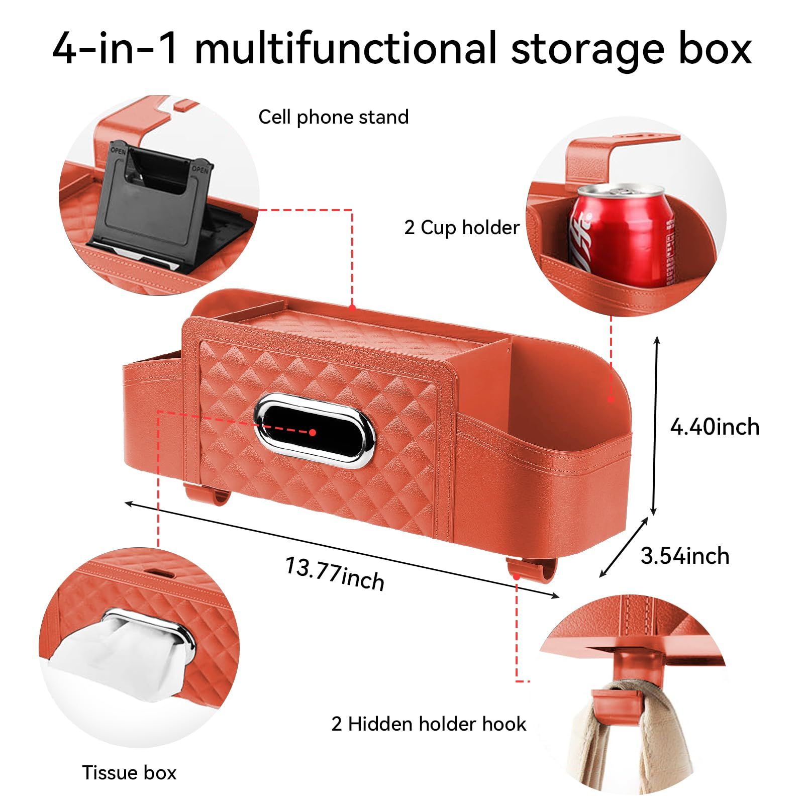 Back Seat Car Storage Organizers - 2 Cup Holders, Tissue Box Holder, Hooks - Perfect for Kids, Men, Women and Travel (Orange)