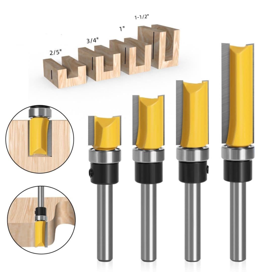 Flush Trim Router Bit Set 4 Pcs 1/4 Shank 1/2 Cutting Diameter Alloy Steel