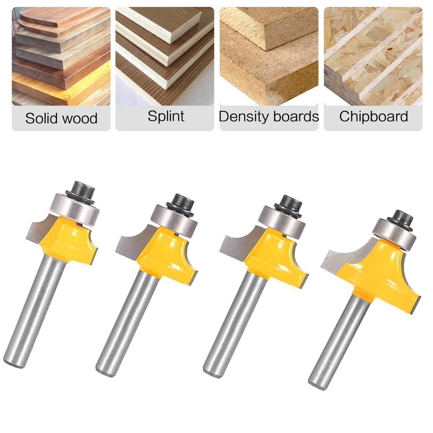 Router Bit Set，4pcs Router bit Set，1/4 inch Shank，Radius in 1/8", 1/4", 3/16", 5/16"，Bearing Guide for Rounding Edge bit