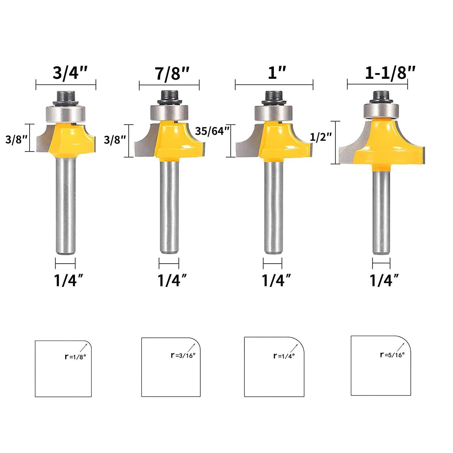 Router Bit Set，4pcs Router bit Set，1/4 inch Shank，Radius in 1/8", 1/4", 3/16", 5/16"，Bearing Guide for Rounding Edge bit