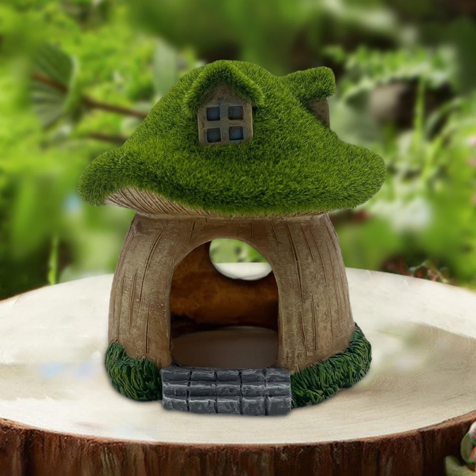 Aquarium Decoration Green Moss Mushroom House, Resin Fish Tank Decoration, Reptiles Fish and Shrimp Shelter Landscape Cave Decor