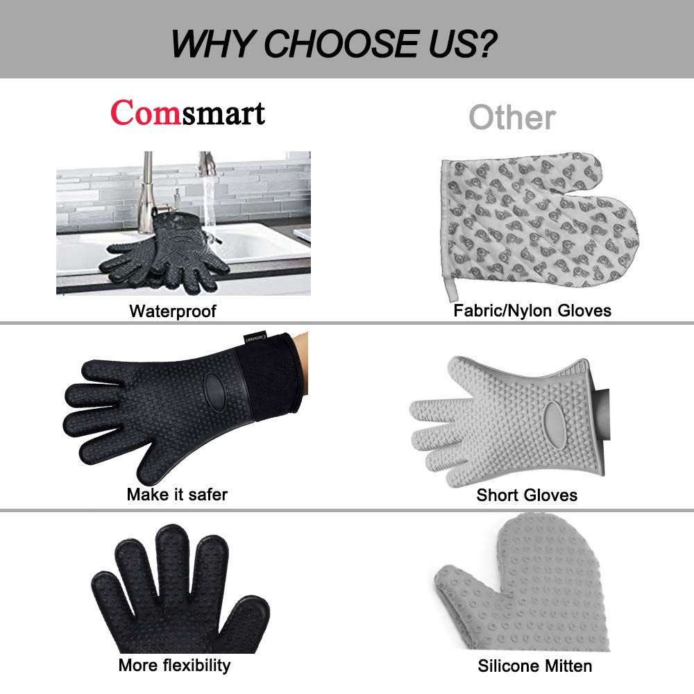 BBQ Gloves, Heat Resistant Silicone Grilling Gloves, Long Waterproof BBQ Kitchen Oven Mitts with Inner Cotton Layer (Black)
