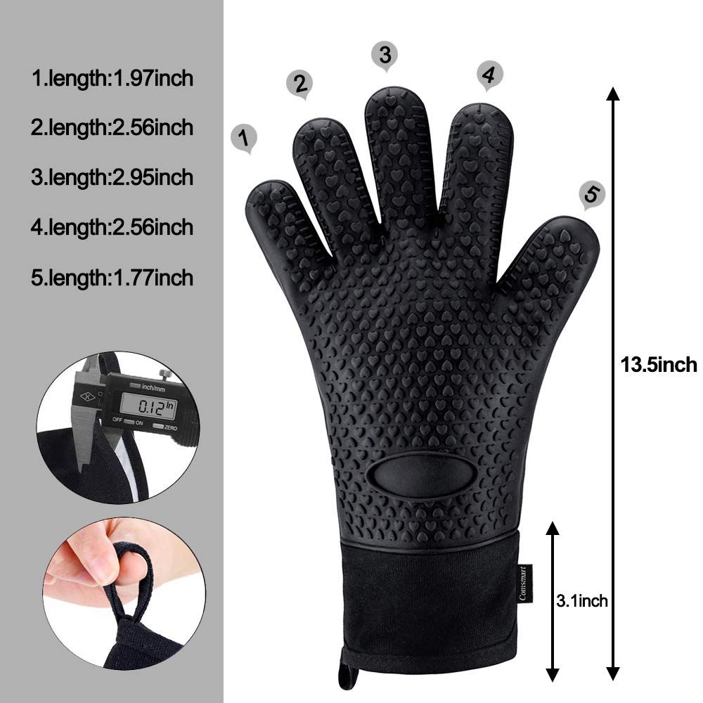 BBQ Gloves, Heat Resistant Silicone Grilling Gloves, Long Waterproof BBQ Kitchen Oven Mitts with Inner Cotton Layer (Black)