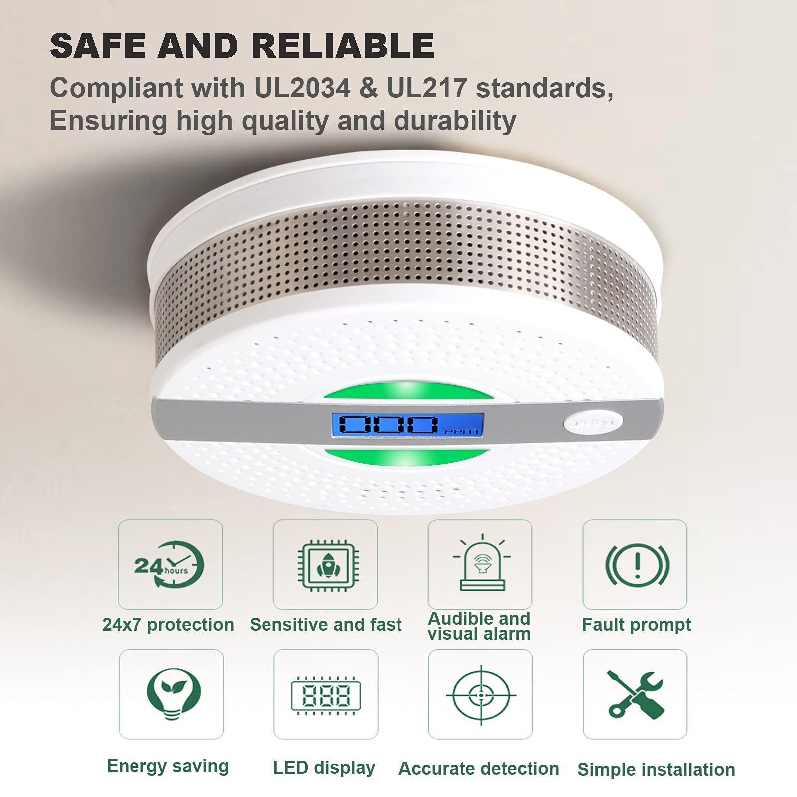 Smoke and Carbon Monoxide Detector Battery Powered Dual Sensor Combination Smoke, Led Indicator & Loud Sound Alert