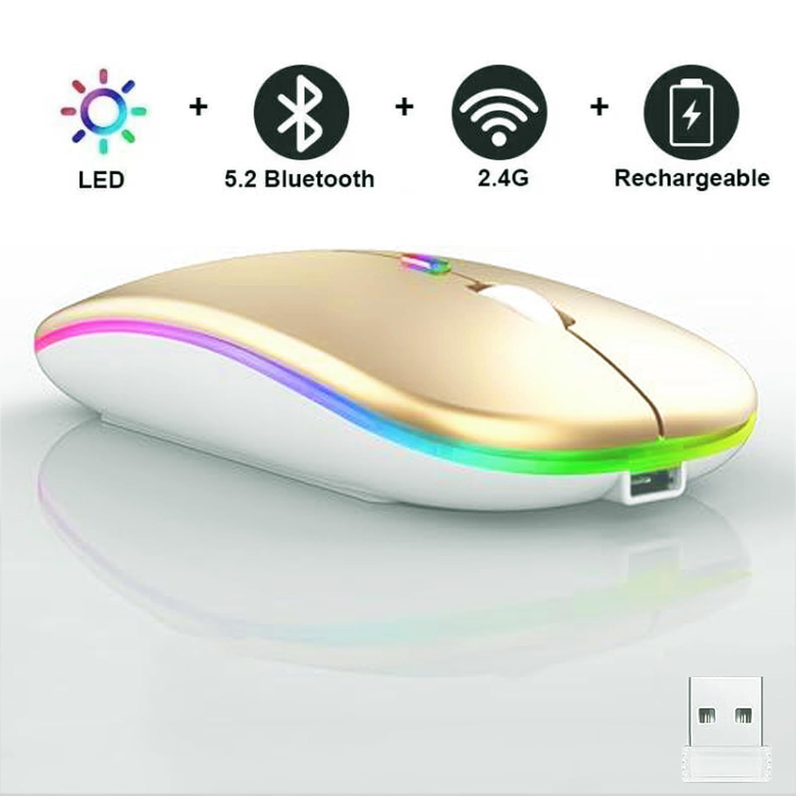 Wireless Bluetooth Mouse,LED Dual Mode Rechargeable Silent Slim Laptop Mouse,Portable(BT5.2+USB Receiver) Dual Mode Computer Mice