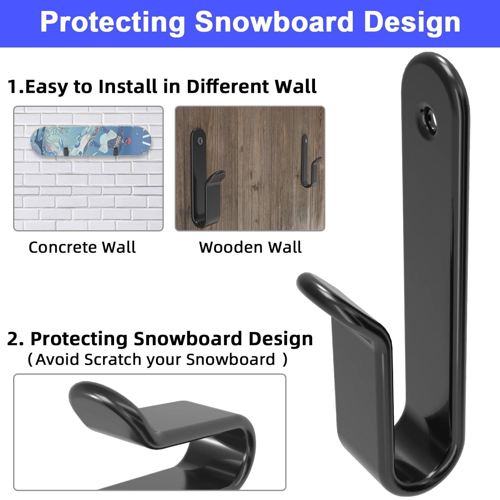 Snowboard Wall Mount Clips Horizontal Design 2 Piece Rubber-dipped Steel Durable Storage Display for Room