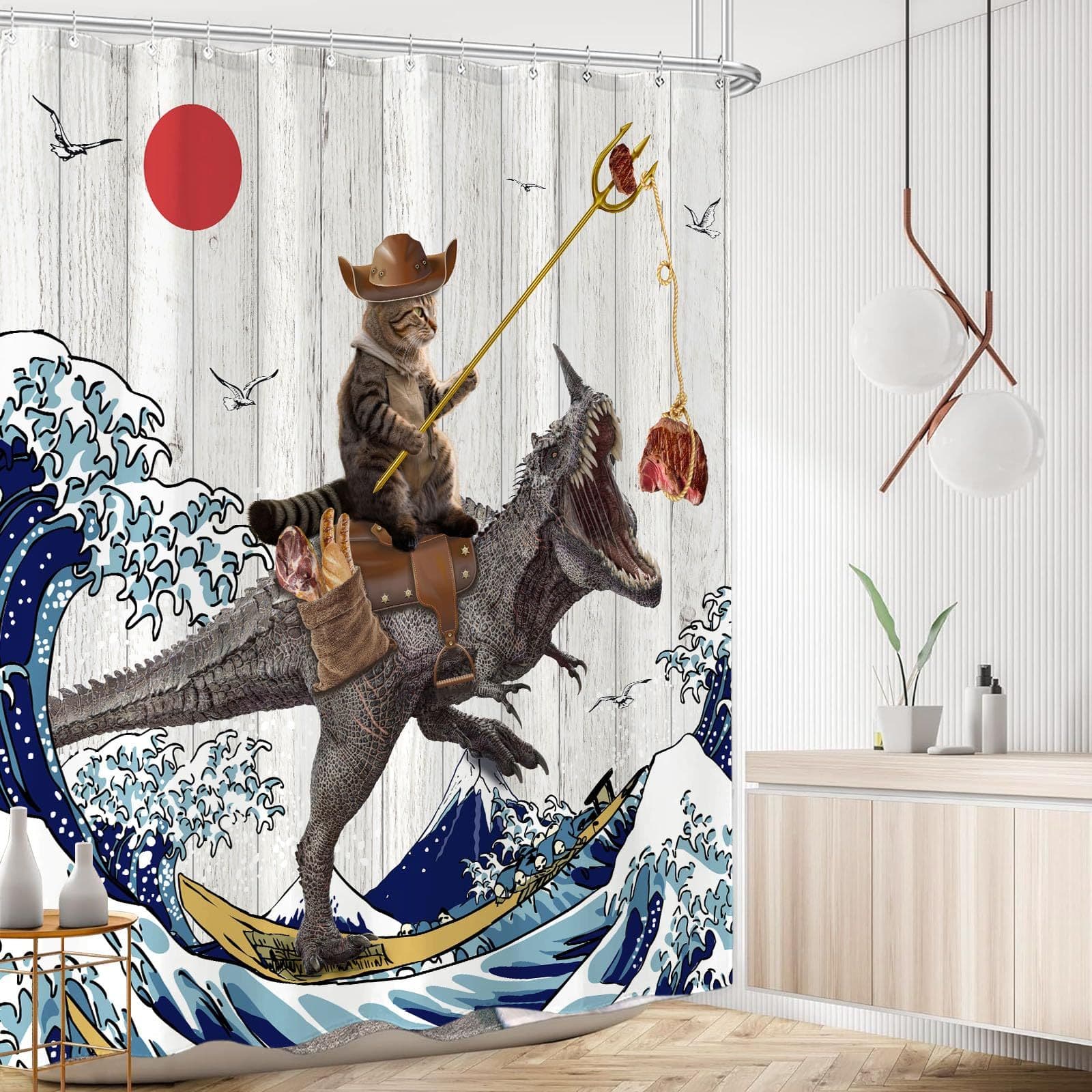 Shower Curtain Funny Cat Dinosaur Waterproof Fabric 72''×72'' Brown