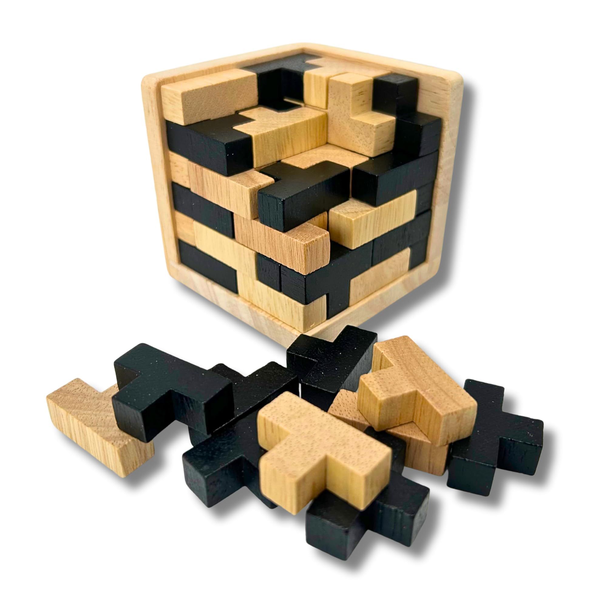 Wooden Brain Teaser Puzzle Cube: Cool Gadgets for Desk, Block Puzzles & Cube Puzzle for Adults and Teens | 54 T-Shaped Pieces