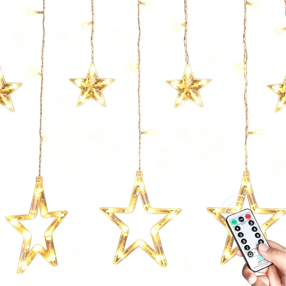 Star Curtain Lights for Bedroom - Plug-in 9ft LED Fairy Twinkle Lights with 12 Star , with Remote 8 Lighting Modes, Warm White