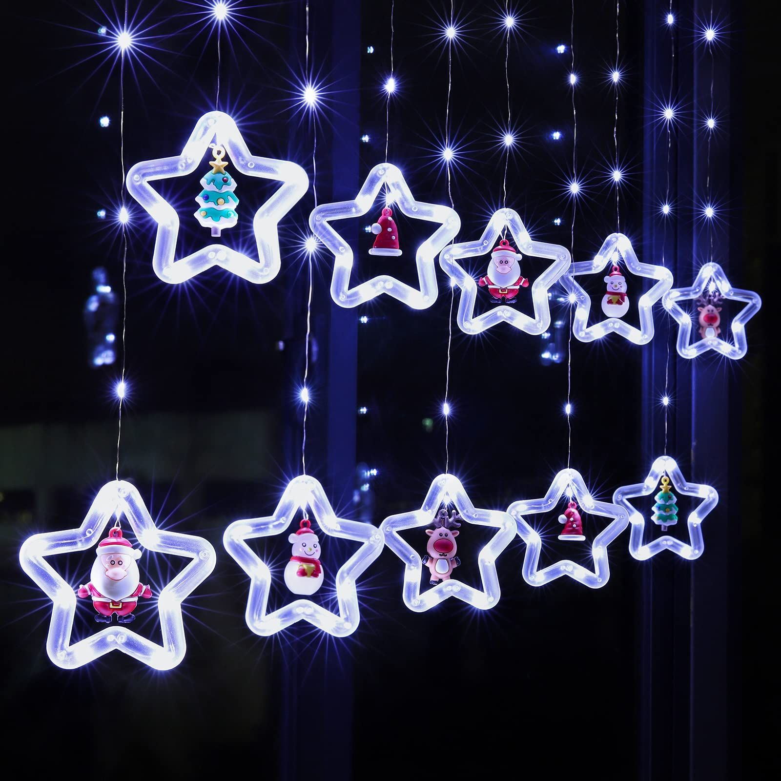 Curtain Lights Indoor Hanging Window Light 10 Stars Ring with Xmas Ornaments - USB Remote Control 9.8ft Window Lights Decorations