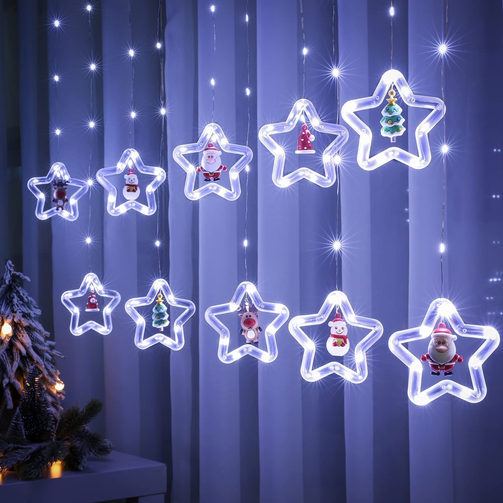 Curtain Lights Indoor Hanging Window Light 10 Stars Ring with Xmas Ornaments - USB Remote Control 9.8ft Window Lights Decorations