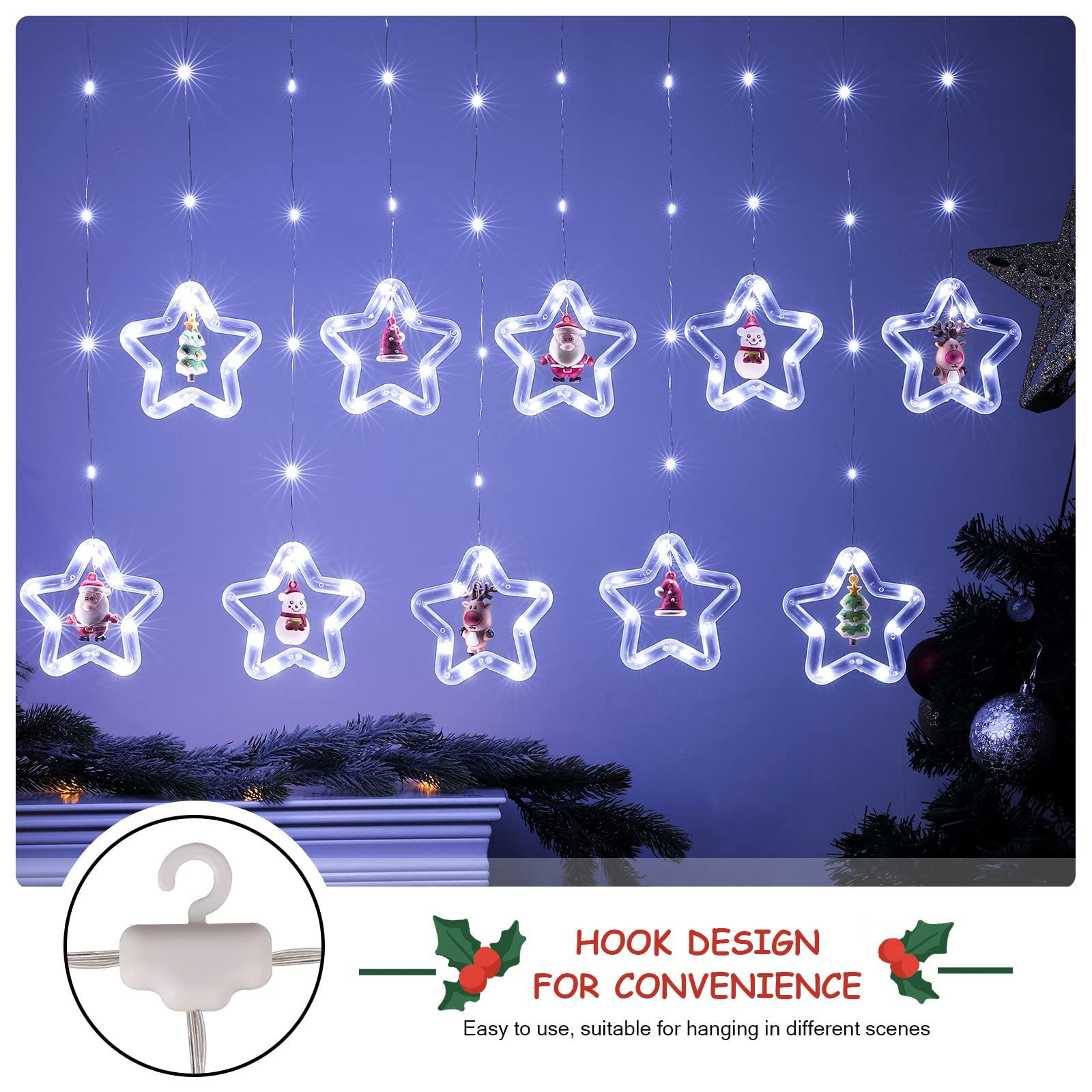 Curtain Lights Indoor Hanging Window Light 10 Stars Ring with Xmas Ornaments - USB Remote Control 9.8ft Window Lights Decorations