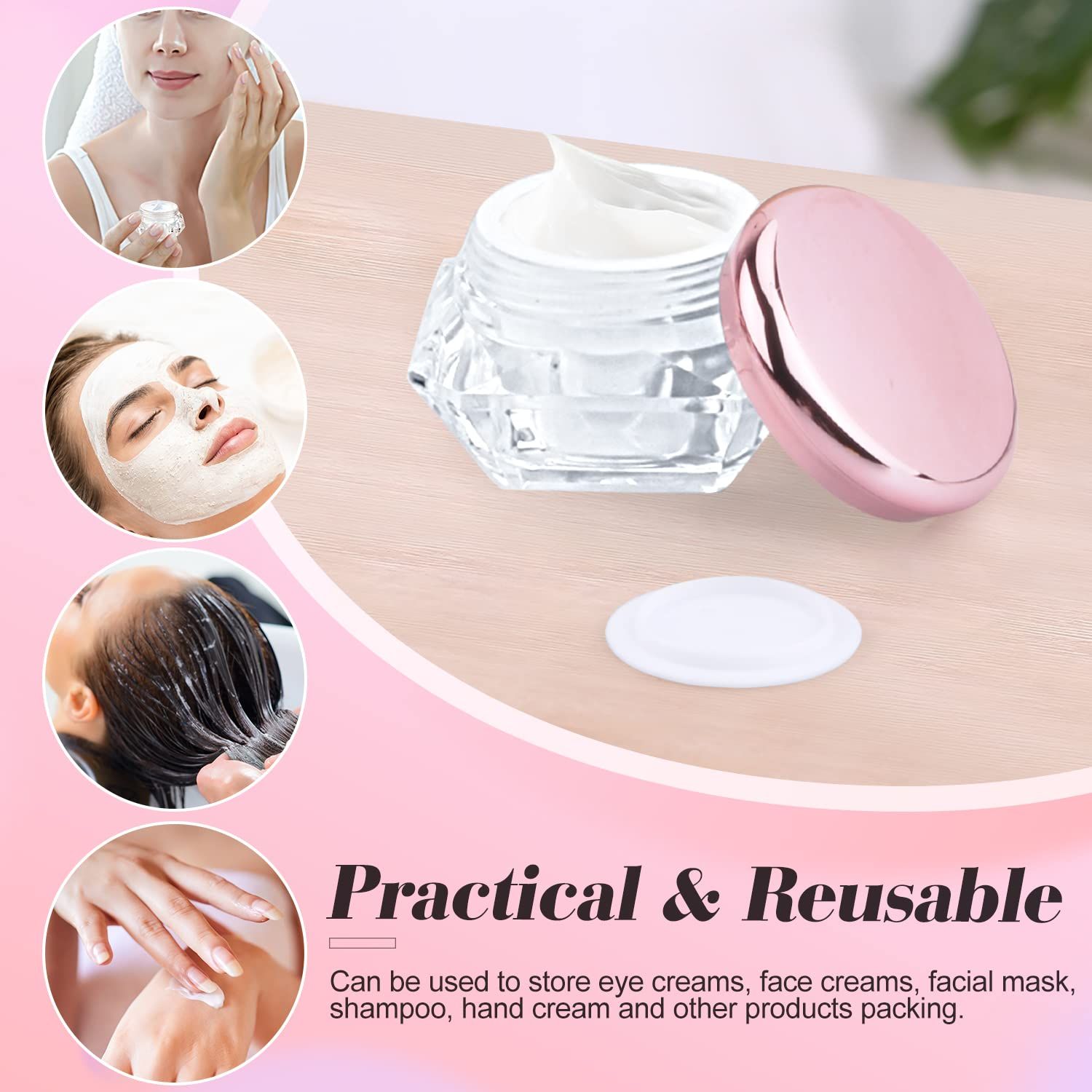 12 Pack 10g Plastic Cream Jars Cosmetic Container Refillable Sample Pot Diamond Shape Clear Makeup Vials Bottles with Pink Lids