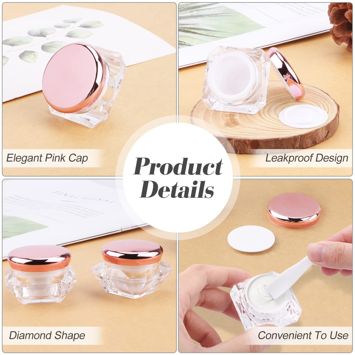12 Pack 10g Plastic Cream Jars Cosmetic Container Refillable Sample Pot Diamond Shape Clear Makeup Vials Bottles with Pink Lids