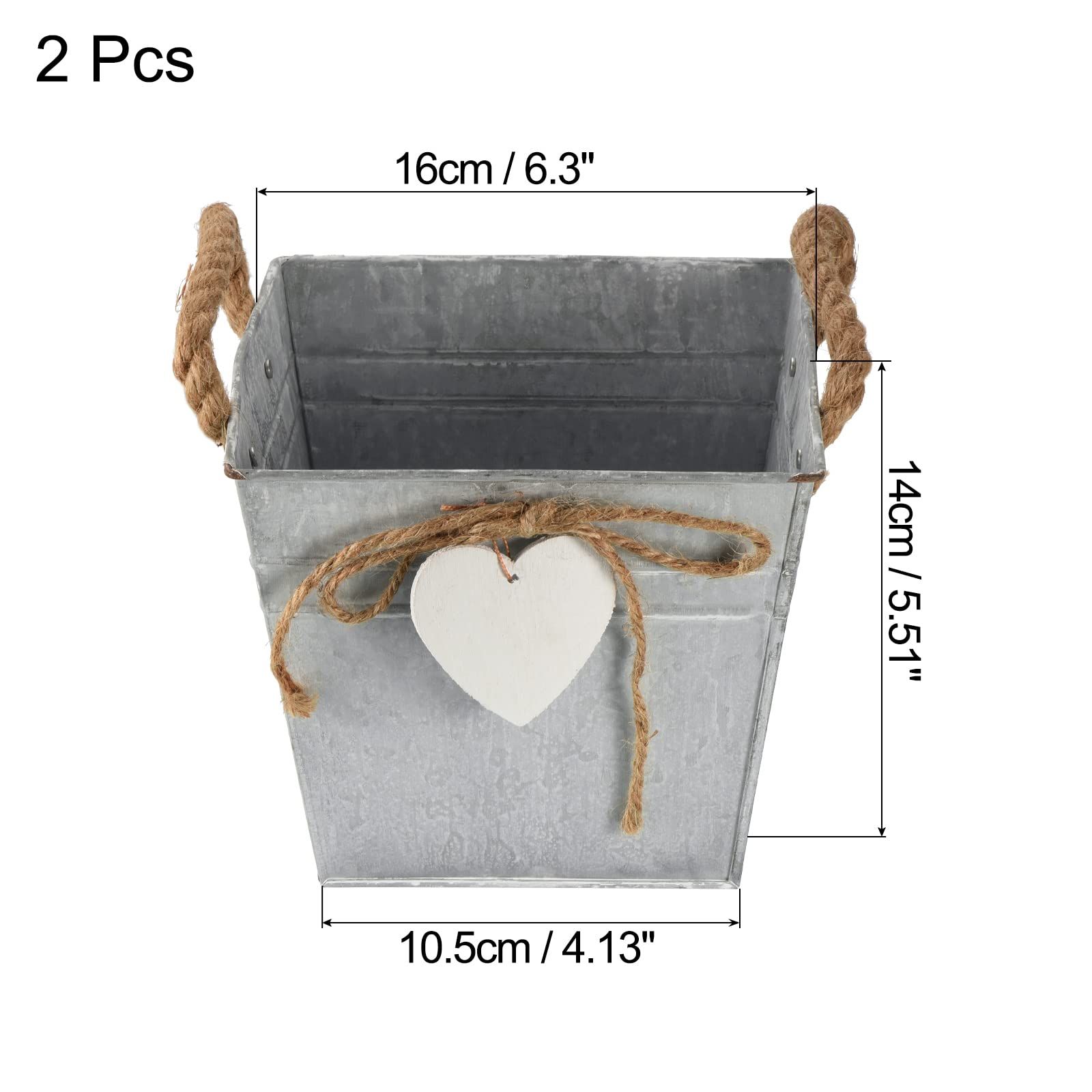 Metal Plant Pot Bucket with Rope Handles 6.3", 2 Pack Iron Flower Planter Container for Garden Decor Indoor Outdoor