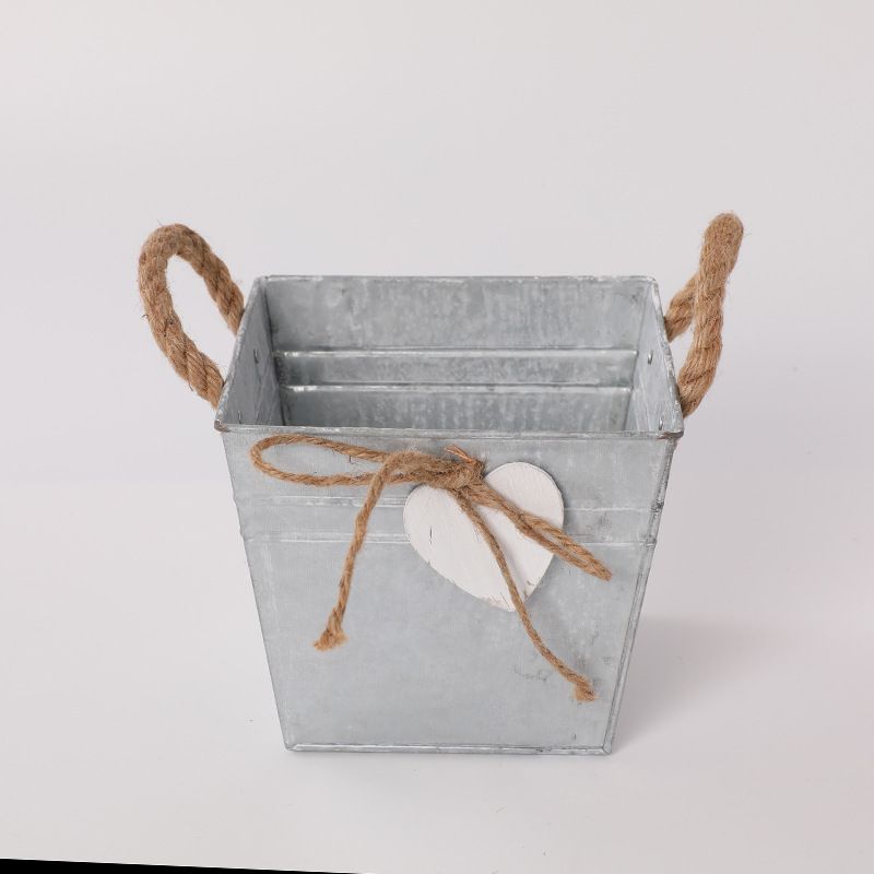 Metal Plant Pot Bucket with Rope Handles 6.3", 2 Pack Iron Flower Planter Container for Garden Decor Indoor Outdoor