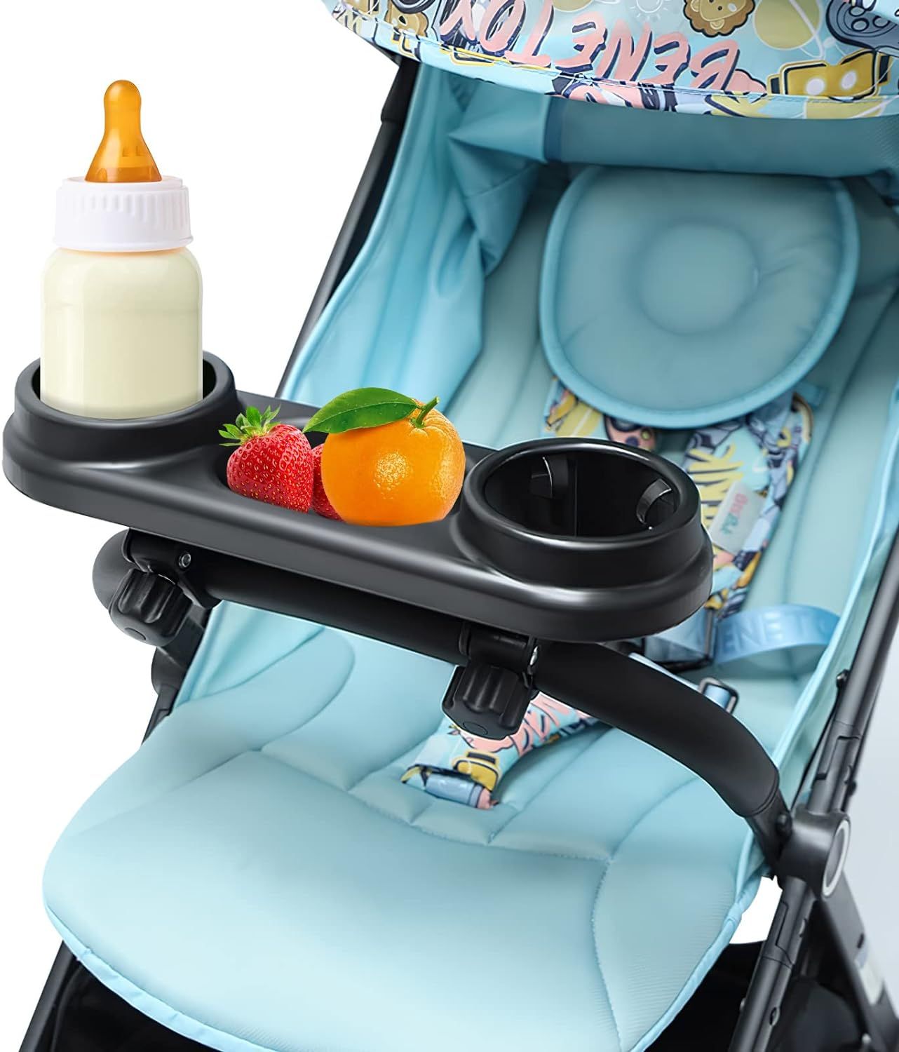 Universal Stroller Snack Tray Stroller Cup Holder Silicone Flexible Arms Grip Stroller Bar Stays in Place Stroller Tray Attachment