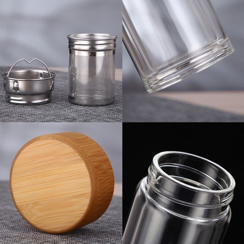 Tea Bottle with Infuser Double Wall High Borosilicate Glass with Strainer Infuser for Loose Tea Infusion Tea Bottle 14 Ounce Wood