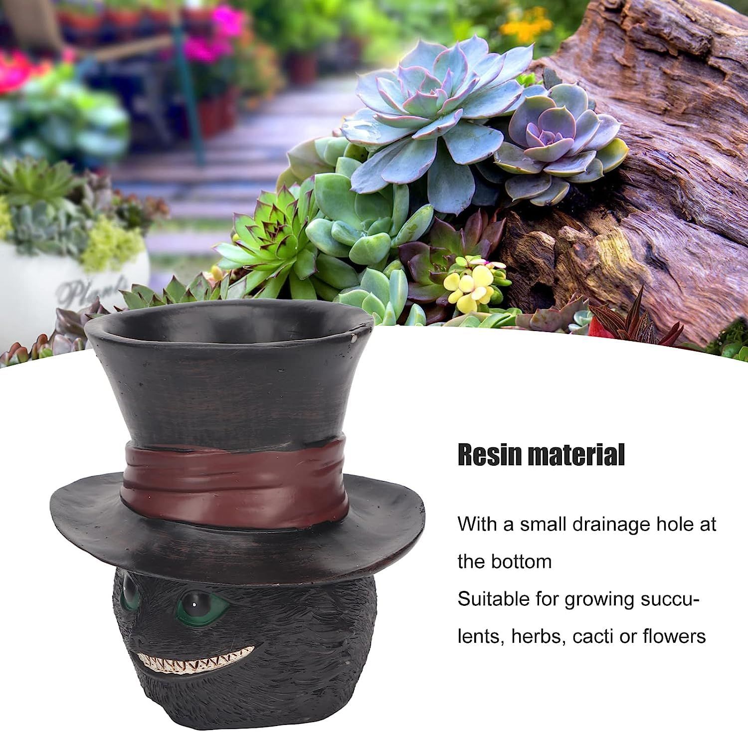 Unique Black Cat Head Little Planter Pot, Cute Succulent Indoor Flower Pot, Funny Novelty Resin Plant Flowerpot with Drain Hole