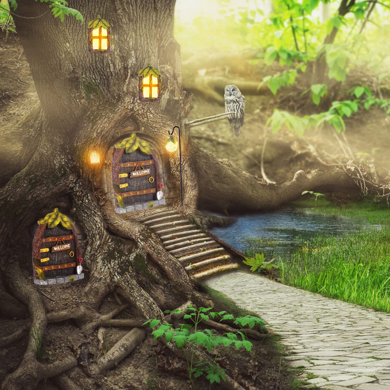 Miniature Gnome Fairy House Window and Door for Trees, Glow in The Dark Yard Art Garden Sculpture Lawn Ornament Decoration Mini