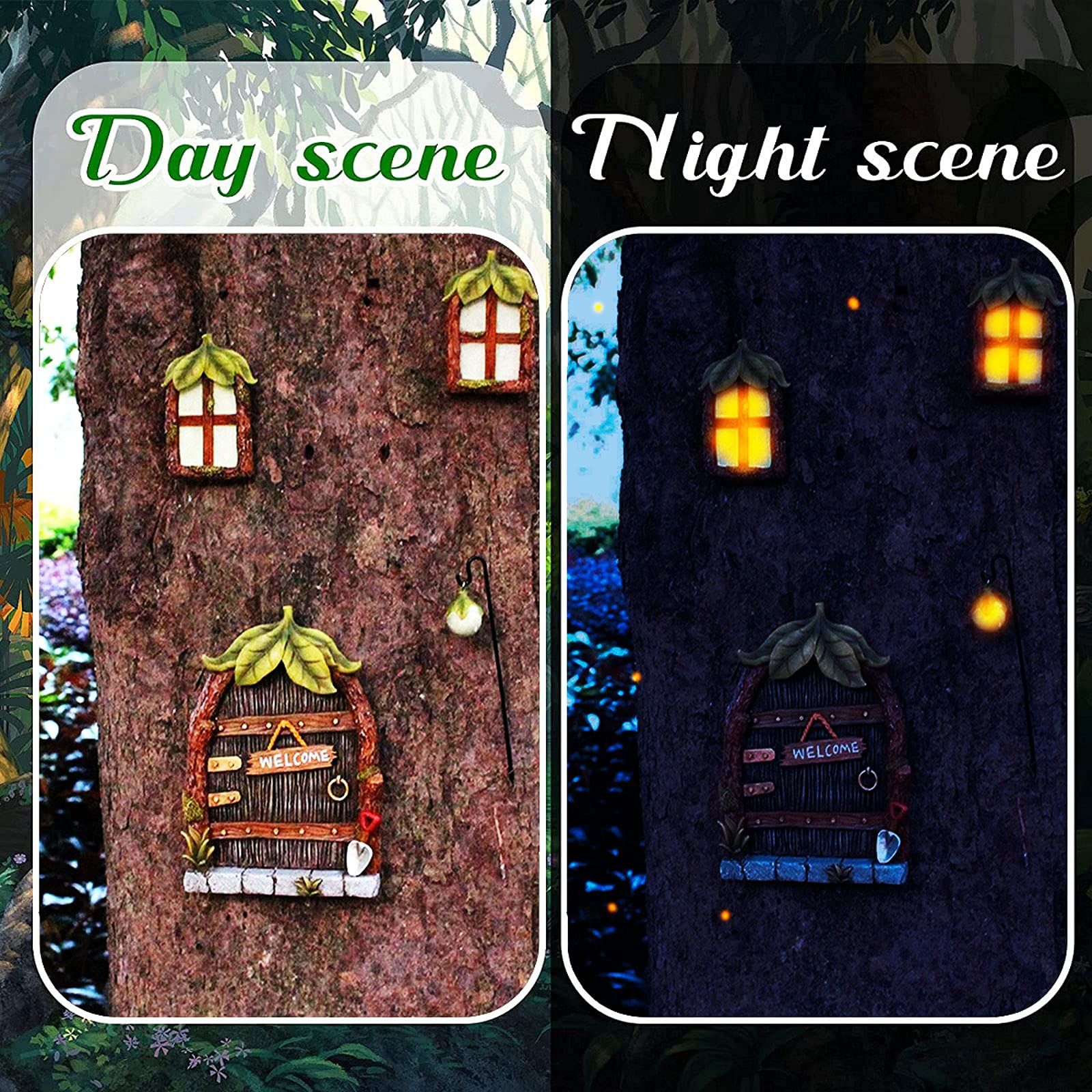 Miniature Gnome Fairy House Window and Door for Trees, Glow in The Dark Yard Art Garden Sculpture Lawn Ornament Decoration Mini