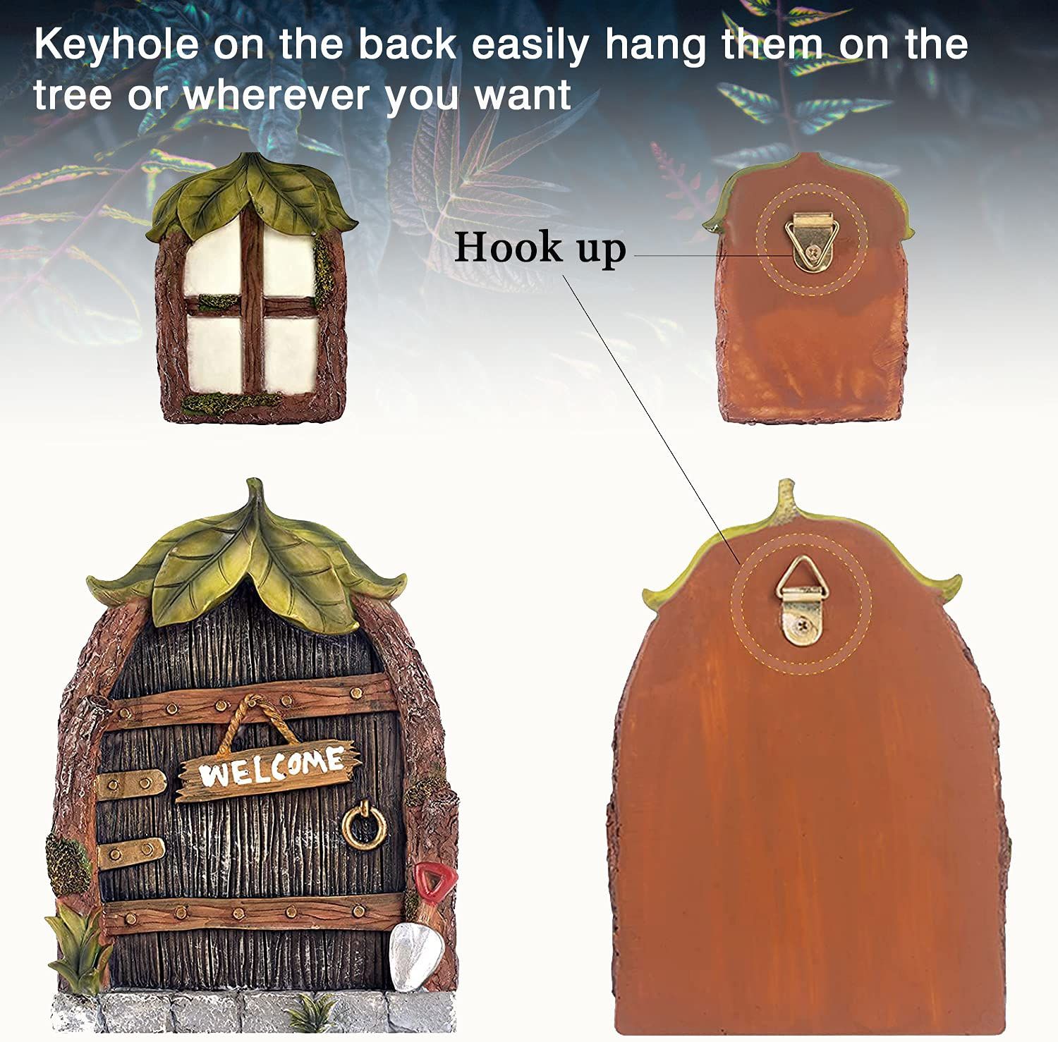 Miniature Gnome Fairy House Window and Door for Trees, Glow in The Dark Yard Art Garden Sculpture Lawn Ornament Decoration Mini