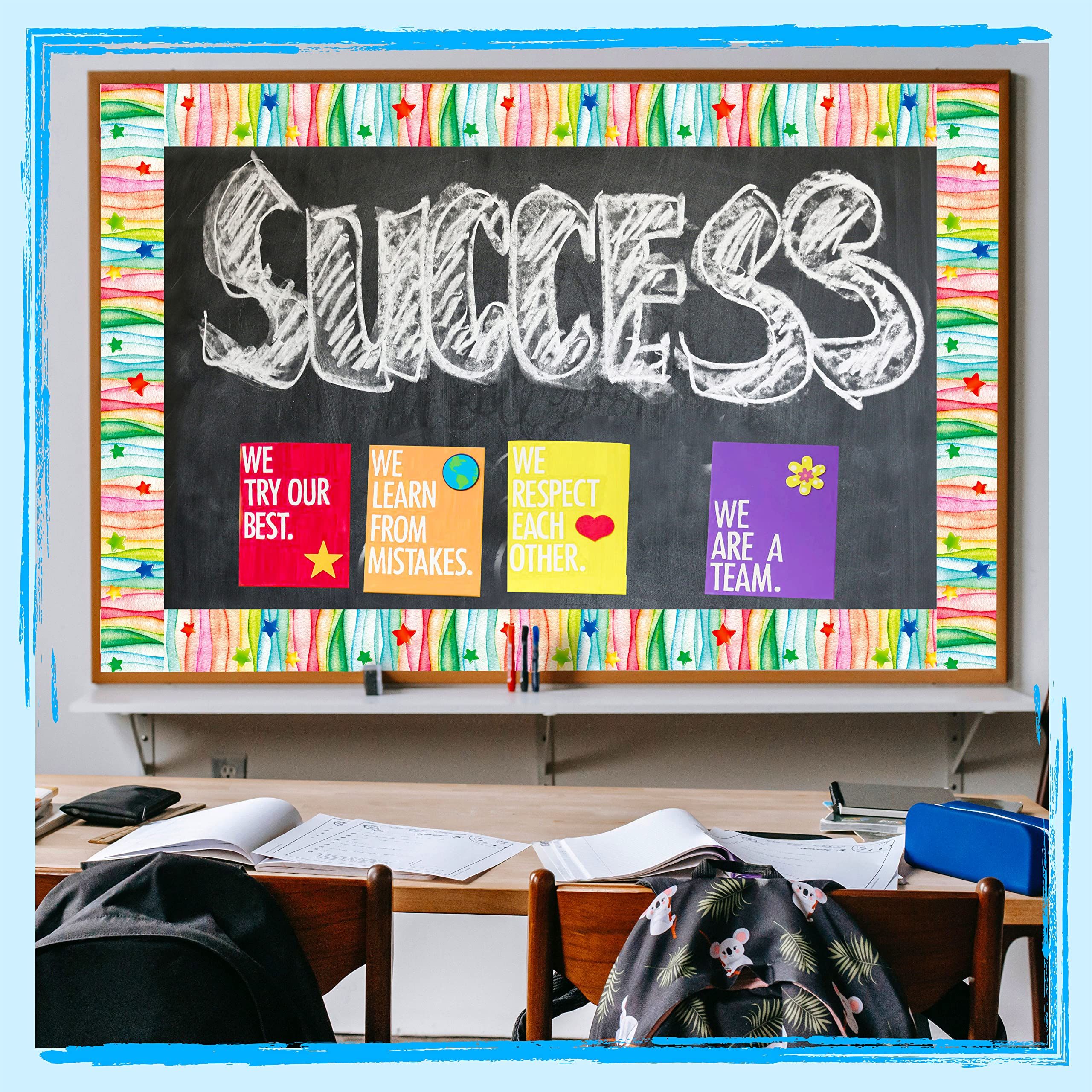 60 Feet Bulletin Board Borders, Watercolor Straight Rolled Border Trim with Colorful Stars Decoration for School, Classroom