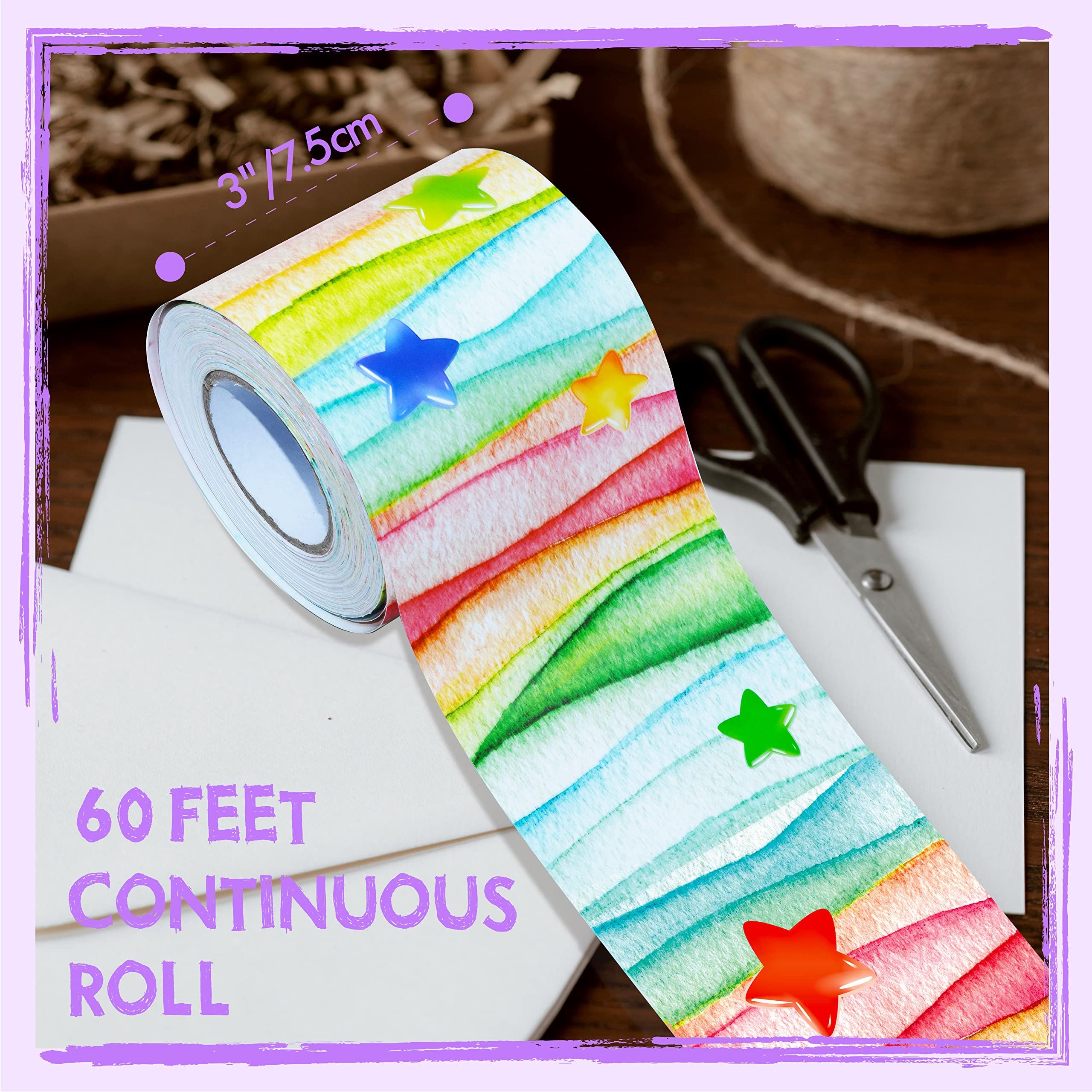 60 Feet Bulletin Board Borders, Watercolor Straight Rolled Border Trim with Colorful Stars Decoration for School, Classroom