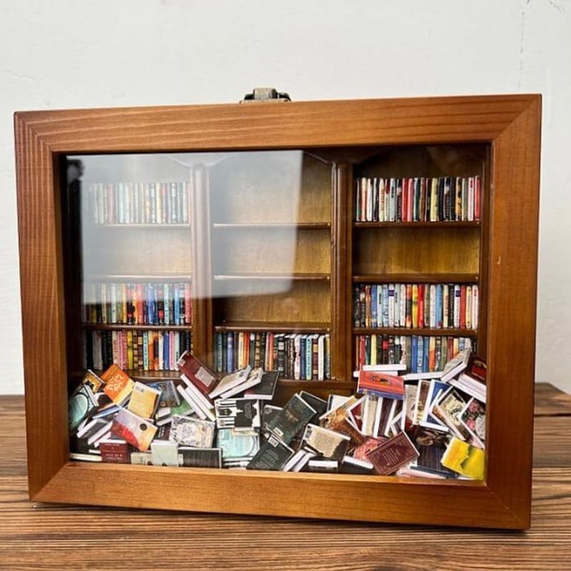 Bookshelf,Stress Reliever,with 200Pcs Miniature Book Match Boxes Display Case Cabinet Decoration,Funny Gifts for Book Lovers