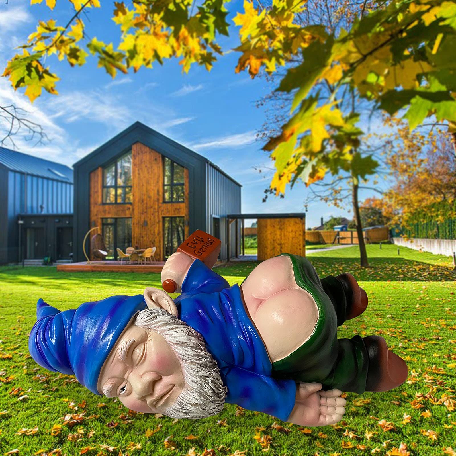 Drunk Gnomes Statues Outdoor Decor, Funny Sculptures Yard Decorations Lawn Patio Dwarf Ornament (Blue)