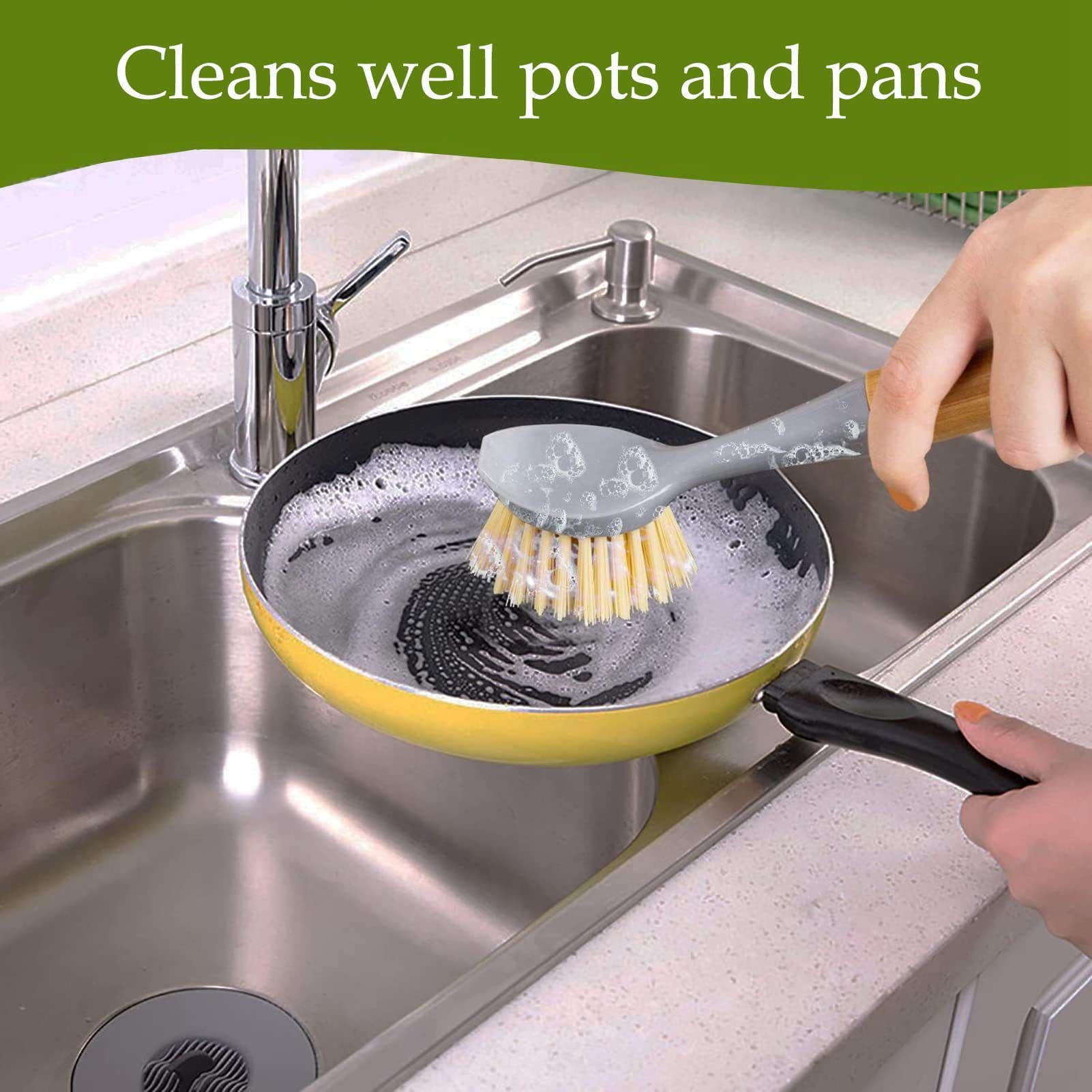 Dish Brush Bamboo Handle Ergonomic Design Built-in Scraper 2 Pack