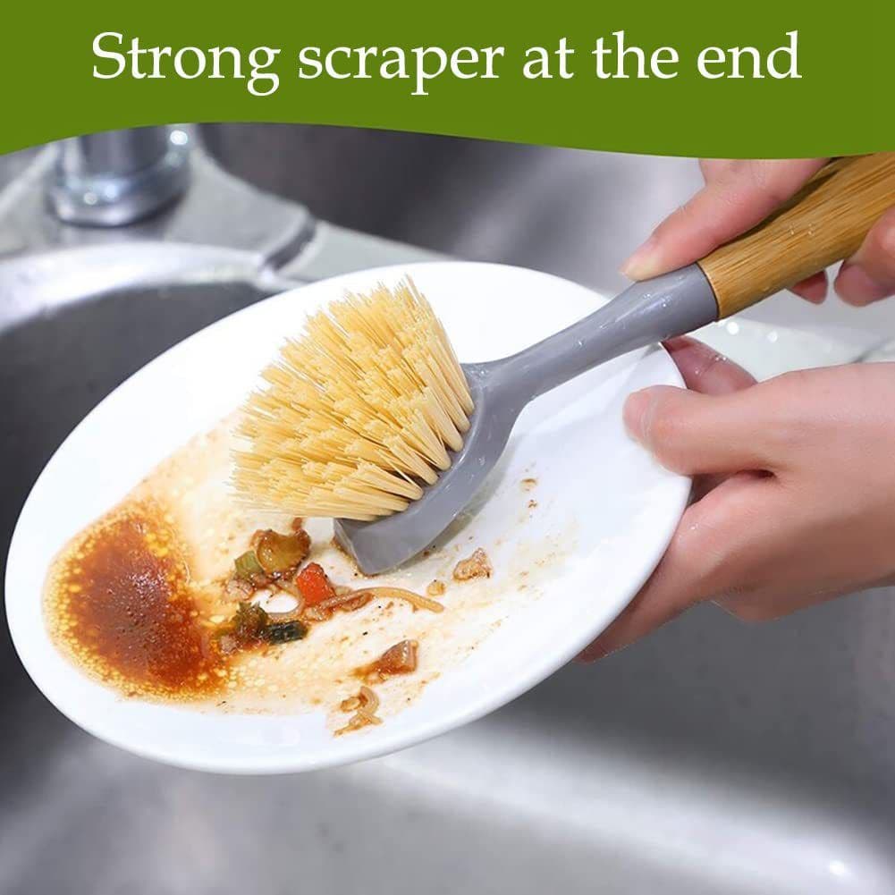 Dish Brush Bamboo Handle Ergonomic Design Built-in Scraper 2 Pack
