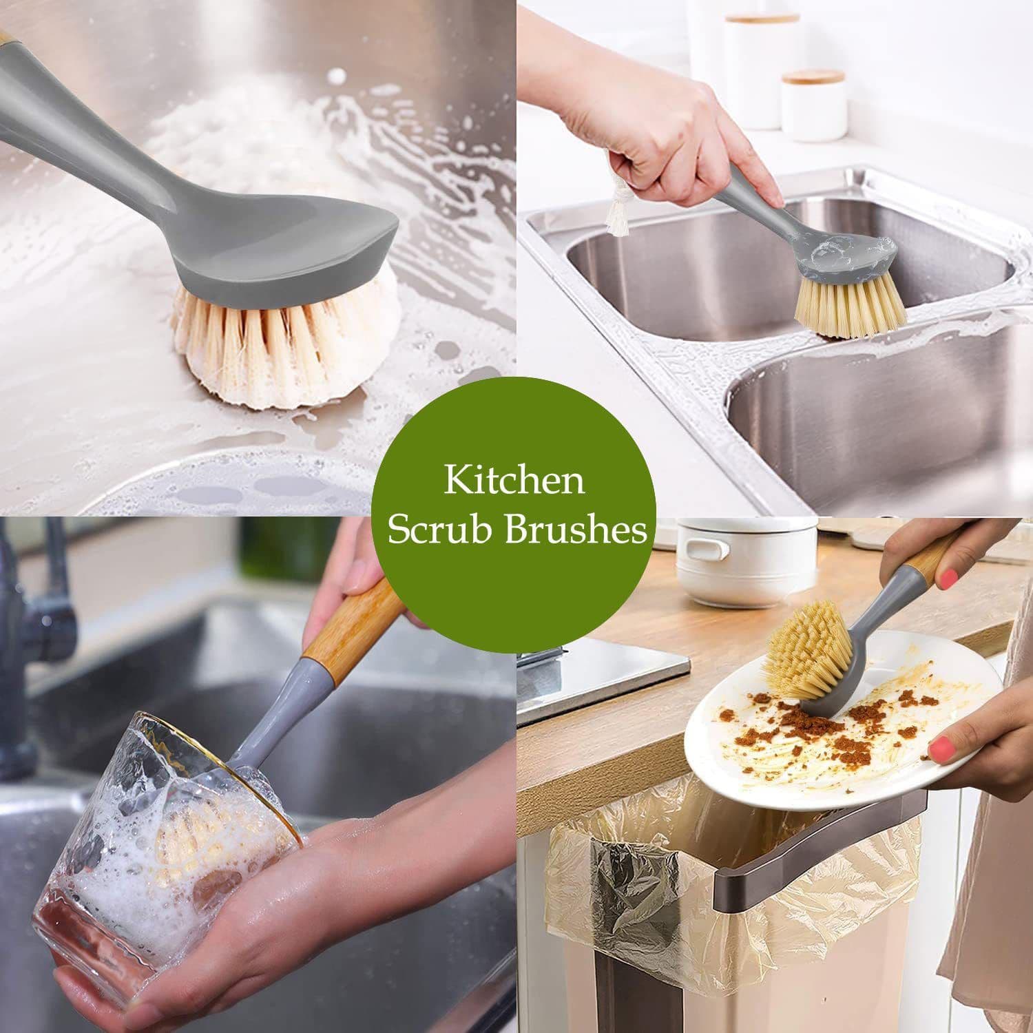 Dish Brush Bamboo Handle Ergonomic Design Built-in Scraper 2 Pack