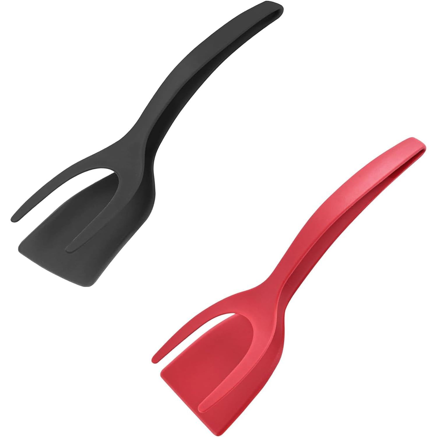 2 PCS 2 in 1 Grip and Flip Spatula Tongs Egg Flipper Tong Pancake Fish French Toast Making for Kitchen (Black+Red)