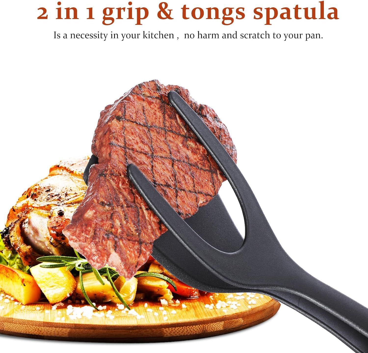 2 PCS 2 in 1 Grip and Flip Spatula Tongs Egg Flipper Tong Pancake Fish French Toast Making for Kitchen (Black+Red)