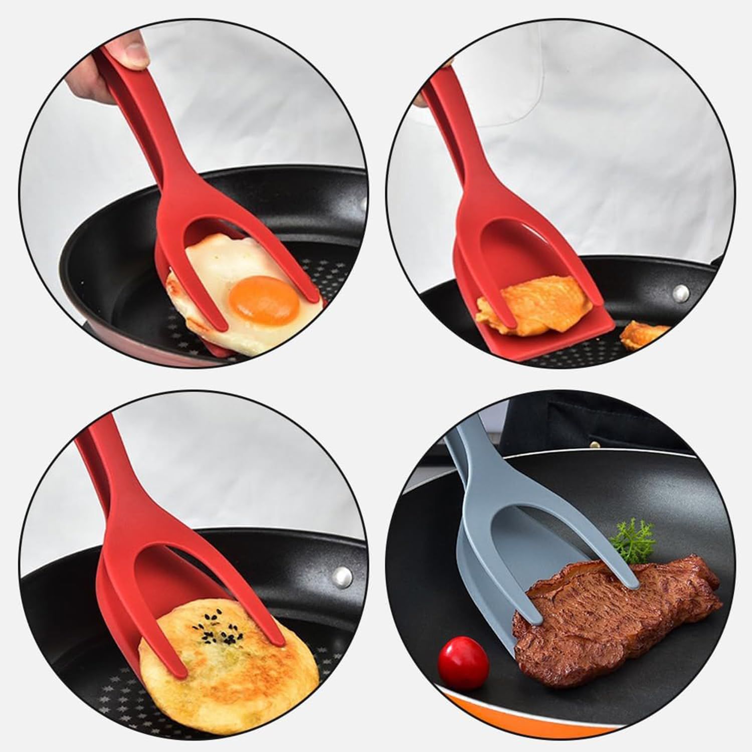 2 PCS 2 in 1 Grip and Flip Spatula Tongs Egg Flipper Tong Pancake Fish French Toast Making for Kitchen (Black+Red)