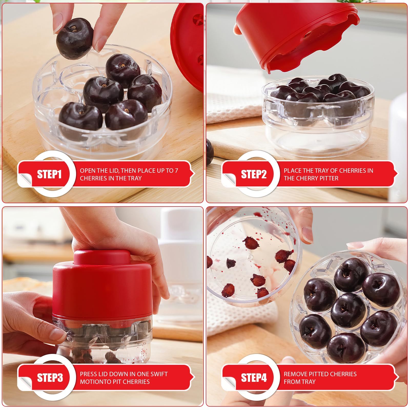 7-in-1 Cherry Pitter Tool - Portable Push-Down Cherries Seed Remover, No Handle Design for Kitchen, Picnics
