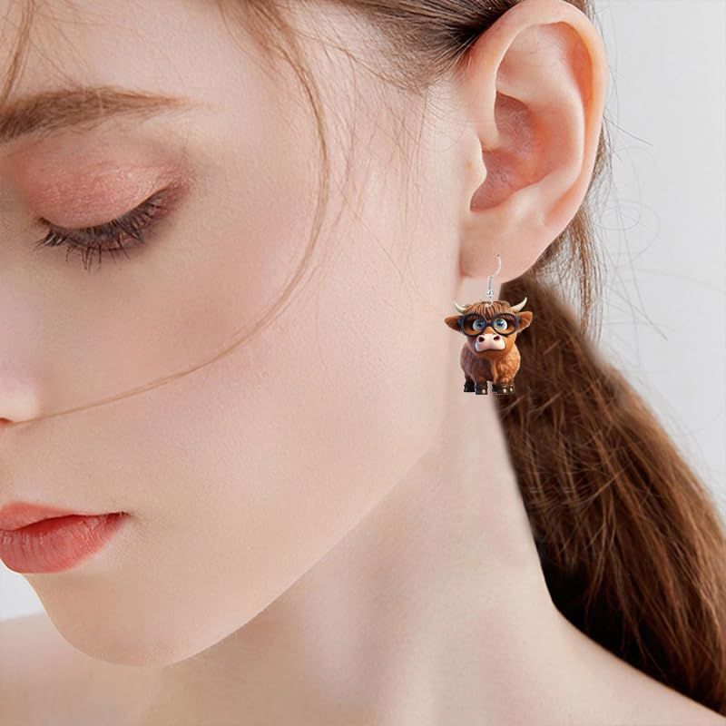 Highland Cow Earrings for Women, Unique Glasses Flower Cow Head Dangle Acrylic Earrings Statement Sunflower Bow Highland
