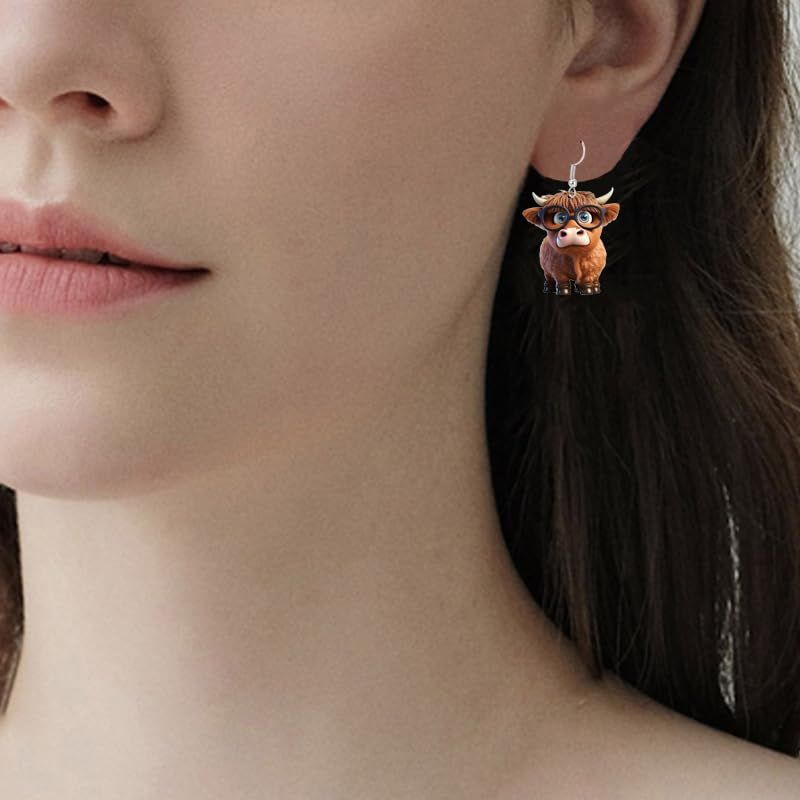 Highland Cow Earrings for Women, Unique Glasses Flower Cow Head Dangle Acrylic Earrings Statement Sunflower Bow Highland