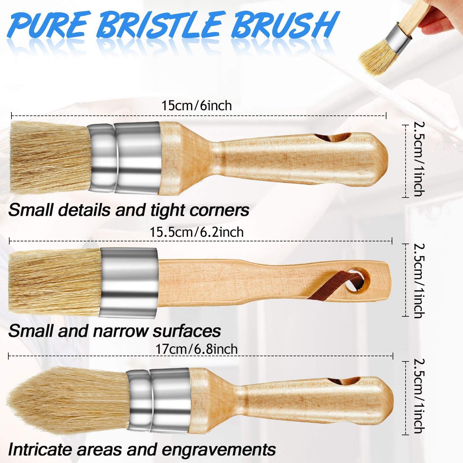 3 Pieces Chalk and Wax Paint Brushes Stencil Brushes for Wood Furniture Home Decor, Including Flat, Chalked Paint Brushes