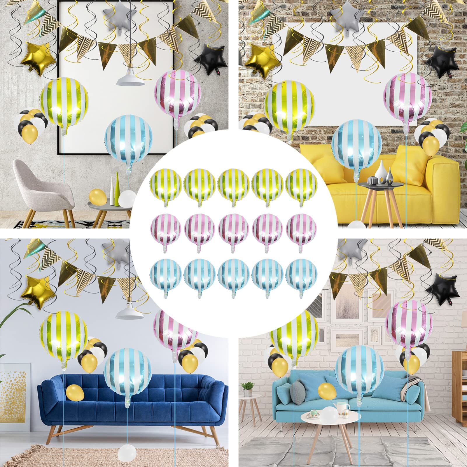 15pcs Multicolor Stripe Balloons Aluminum Foil Round Balloons Helium Balloons for Engagement Proposal Party Wedding Birthday
