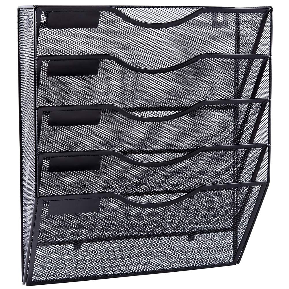 5 Pocket Mesh Hanging Wall File Organizer, Wall Mounted Mail Paper Document Folder Holder, Clipboard Storage Black
