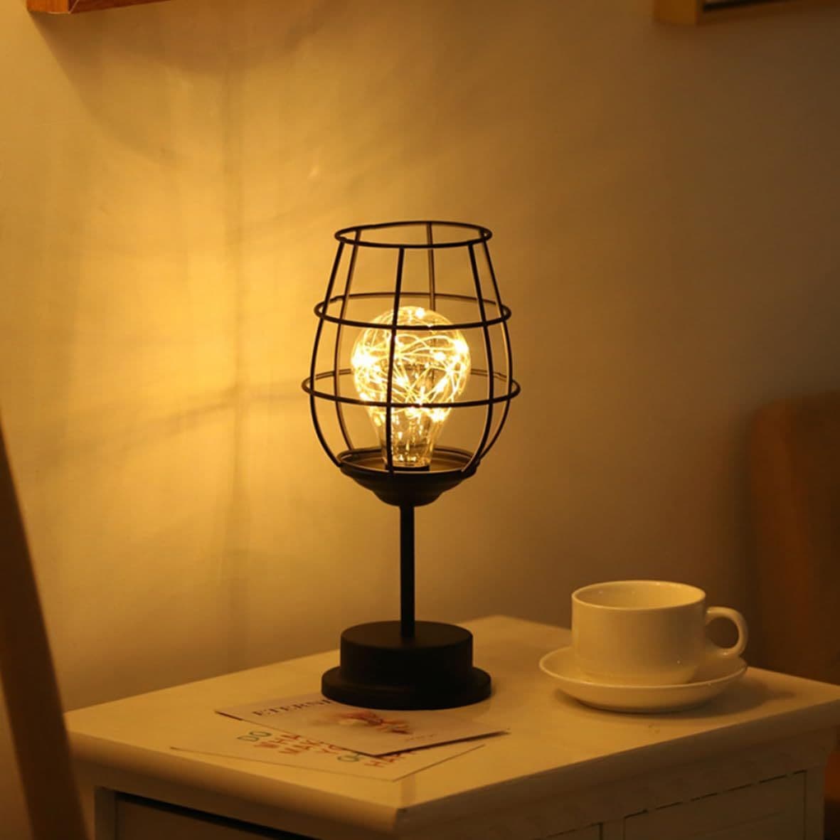 Vintage Decor Vintage Decor Table Lamp Metal Wire Wine Cup Shape Decorative Lamp Vintage Night Light Bedside Lamp for Home