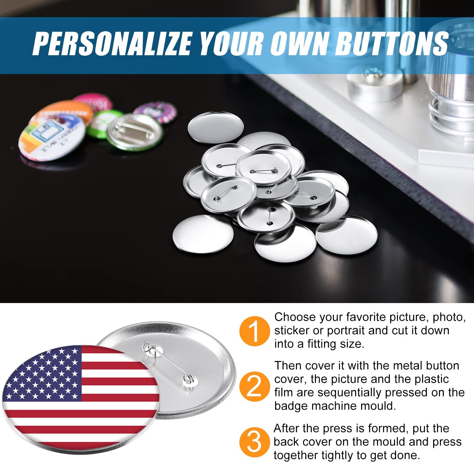 100 Pieces Blank Button Making Supplies Round Badge Button , Including Metal Shells Metal Back Cover and Clear Film (1.73 Inches)