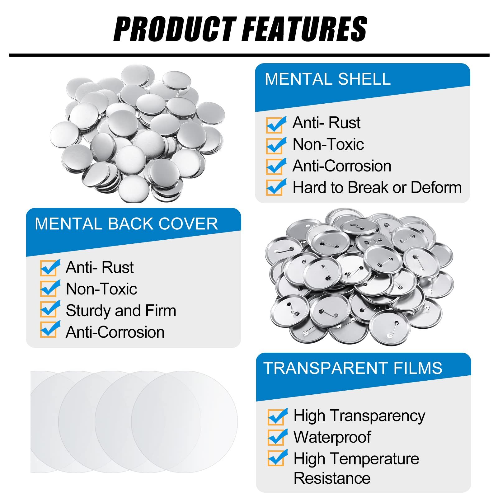 100 Pieces Blank Button Making Supplies Round Badge Button , Including Metal Shells Metal Back Cover and Clear Film (1.73 Inches)