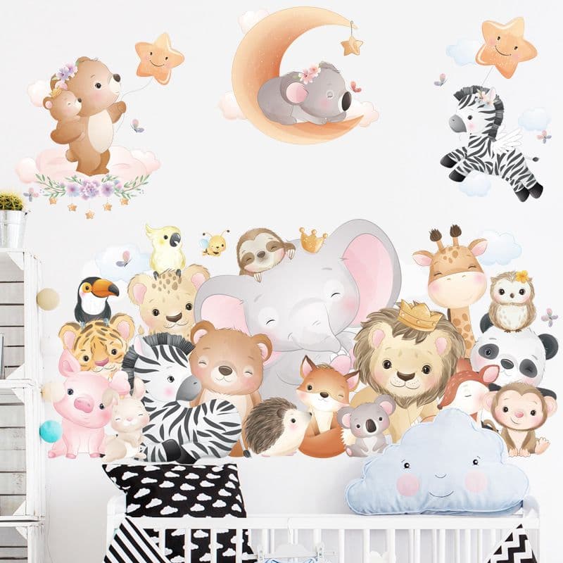 Kids' Wall Decor Jungle Animal Stickers Removable Waterproof 12 Piece Multicolor