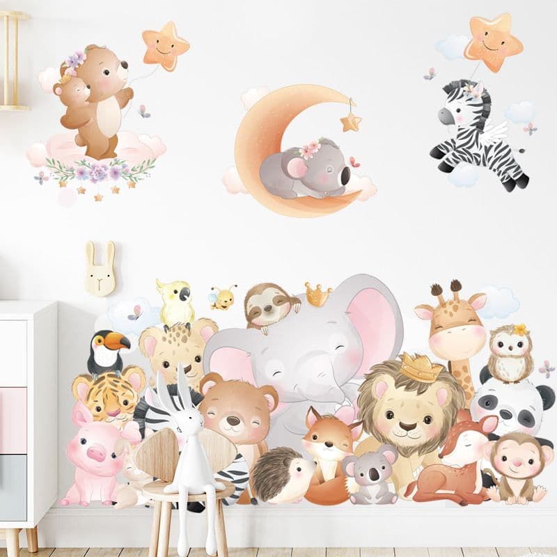 Kids' Wall Decor Jungle Animal Stickers Removable Waterproof 12 Piece Multicolor