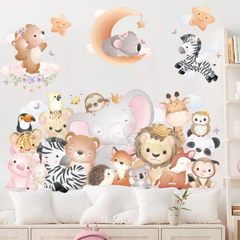 Kids' Wall Decor Jungle Animal Stickers Removable Waterproof 12 Piece Multicolor