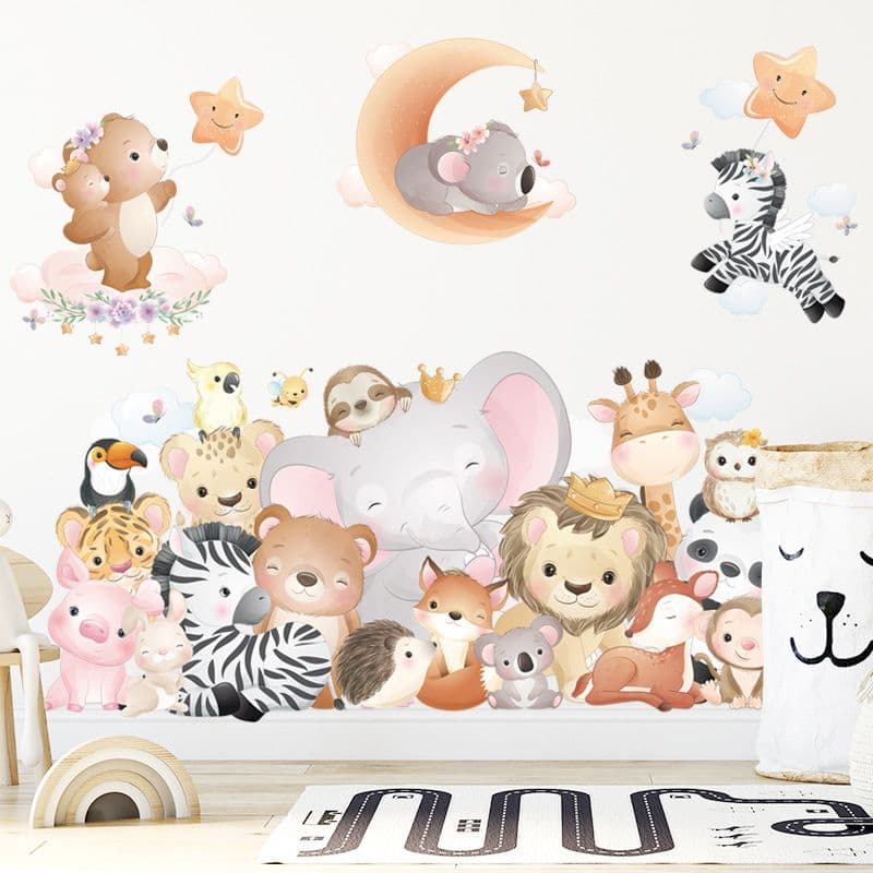 Kids' Wall Decor Jungle Animal Stickers Removable Waterproof 12 Piece Multicolor